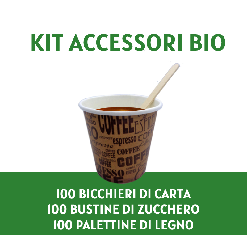 KIT ECOLOGICO da 100 BICCHIERI DI CARTA + 100 BUSTINE ZUCCHERO + 100  PALETTE IN LEGNO per caffe' - Illy